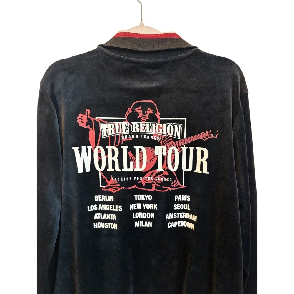 True Religion Mens Velour Tour Track Jacket Size Medium Black World Tour